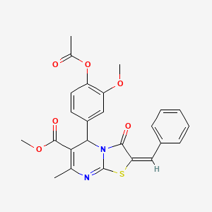 molecular formula C25H22N2O6S B11967473 methyl (2E)-5-[4-(acetyloxy)-3-methoxyphenyl]-2-benzylidene-7-methyl-3-oxo-2,3-dihydro-5H-[1,3]thiazolo[3,2-a]pyrimidine-6-carboxylate 