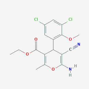 molecular formula C17H16Cl2N2O4 B11967520 ethyl 6-amino-5-cyano-4-(3,5-dichloro-2-methoxyphenyl)-2-methyl-4H-pyran-3-carboxylate 