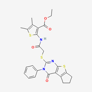 molecular formula C26H25N3O4S3 B11967852 Ethyl 4,5-dimethyl-2-[2-(4-oxo-3-phenyl(3,5,6,7-tetrahydrocyclopenta[2,1-d]pyr imidino[4,5-b]thiophen-2-ylthio))acetylamino]thiophene-3-carboxylate 