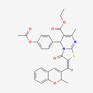 molecular formula C29H26N2O6S B11968966 Ethyl (2E)-5-[4-(acetyloxy)phenyl]-7-methyl-2-[(2-methyl-2H-chromen-3-YL)methylene]-3-oxo-2,3-dihydro-5H-[1,3]thiazolo[3,2-A]pyrimidine-6-carboxylate 