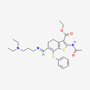 molecular formula C27H35N3O3S2 B11970144 ethyl 2-(acetylamino)-6-[(E)-{[3-(diethylamino)propyl]imino}methyl]-7-(phenylsulfanyl)-4,5-dihydro-1-benzothiophene-3-carboxylate 