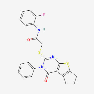 molecular formula C23H18FN3O2S2 B11970350 N-(2-fluorophenyl)-2-[(4-oxo-3-phenyl-3,5,6,7-tetrahydro-4H-cyclopenta[4,5]thieno[2,3-d]pyrimidin-2-yl)sulfanyl]acetamide 