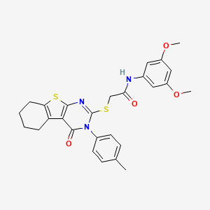 molecular formula C27H27N3O4S2 B11970820 N-(3,5-dimethoxyphenyl)-2-{[3-(4-methylphenyl)-4-oxo-3,4,5,6,7,8-hexahydro[1]benzothieno[2,3-d]pyrimidin-2-yl]sulfanyl}acetamide 