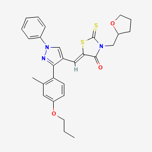 molecular formula C28H29N3O3S2 B11971119 (5Z)-5-{[3-(2-Methyl-4-propoxyphenyl)-1-phenyl-1H-pyrazol-4-YL]methylene}-3-(tetrahydro-2-furanylmethyl)-2-thioxo-1,3-thiazolidin-4-one 