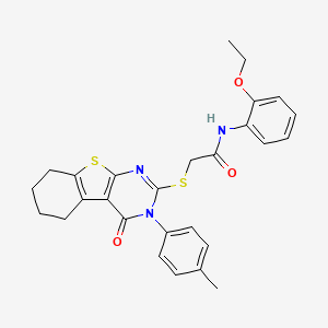 molecular formula C27H27N3O3S2 B11971318 N-(2-ethoxyphenyl)-2-{[3-(4-methylphenyl)-4-oxo-3,4,5,6,7,8-hexahydro[1]benzothieno[2,3-d]pyrimidin-2-yl]sulfanyl}acetamide 