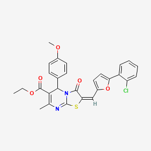 molecular formula C28H23ClN2O5S B11971324 Ethyl (2E)-2-{[5-(2-chlorophenyl)-2-furyl]methylene}-5-(4-methoxyphenyl)-7-methyl-3-oxo-2,3-dihydro-5H-[1,3]thiazolo[3,2-A]pyrimidine-6-carboxylate 