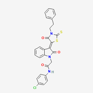 molecular formula C27H20ClN3O3S2 B11971532 N-(4-chlorophenyl)-2-{(3Z)-2-oxo-3-[4-oxo-3-(2-phenylethyl)-2-thioxo-1,3-thiazolidin-5-ylidene]-2,3-dihydro-1H-indol-1-yl}acetamide 