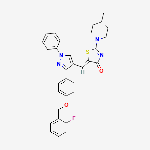 molecular formula C32H29FN4O2S B11971728 (5Z)-5-[(3-{4-[(2-fluorobenzyl)oxy]phenyl}-1-phenyl-1H-pyrazol-4-yl)methylidene]-2-(4-methylpiperidin-1-yl)-1,3-thiazol-4(5H)-one 