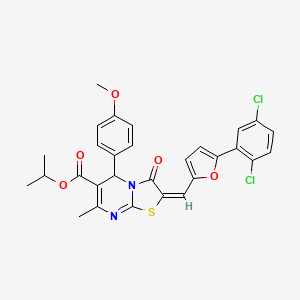 molecular formula C29H24Cl2N2O5S B11971853 Isopropyl (2E)-2-{[5-(2,5-dichlorophenyl)-2-furyl]methylene}-5-(4-methoxyphenyl)-7-methyl-3-oxo-2,3-dihydro-5H-[1,3]thiazolo[3,2-A]pyrimidine-6-carboxylate 