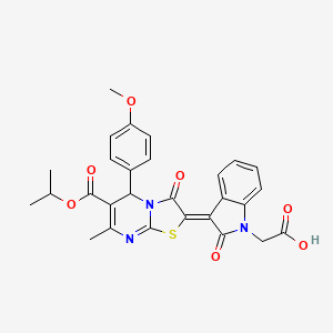 molecular formula C28H25N3O7S B11971918 [(3Z)-3-(6-(Isopropoxycarbonyl)-5-(4-methoxyphenyl)-7-methyl-3-oxo-5H-[1,3]thiazolo[3,2-A]pyrimidin-2(3H)-ylidene)-2-oxo-2,3-dihydro-1H-indol-1-YL]acetic acid 