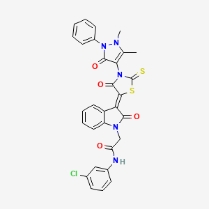 molecular formula C30H22ClN5O4S2 B11972950 N-(3-chlorophenyl)-2-{(3Z)-3-[3-(1,5-dimethyl-3-oxo-2-phenyl-2,3-dihydro-1H-pyrazol-4-yl)-4-oxo-2-thioxo-1,3-thiazolidin-5-ylidene]-2-oxo-2,3-dihydro-1H-indol-1-yl}acetamide 