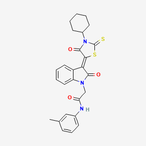 molecular formula C26H25N3O3S2 B11973019 2-[(3Z)-3-(3-cyclohexyl-4-oxo-2-thioxo-1,3-thiazolidin-5-ylidene)-2-oxo-2,3-dihydro-1H-indol-1-yl]-N-(3-methylphenyl)acetamide 