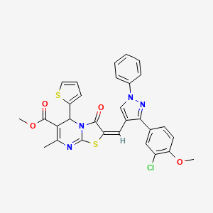 molecular formula C30H23ClN4O4S2 B11973196 Methyl (2E)-2-{[3-(3-chloro-4-methoxyphenyl)-1-phenyl-1H-pyrazol-4-YL]methylene}-7-methyl-3-oxo-5-(2-thienyl)-2,3-dihydro-5H-[1,3]thiazolo[3,2-A]pyrimidine-6-carboxylate 