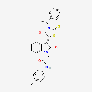molecular formula C28H23N3O3S2 B11973314 N-(4-methylphenyl)-2-{(3Z)-2-oxo-3-[4-oxo-3-(1-phenylethyl)-2-thioxo-1,3-thiazolidin-5-ylidene]-2,3-dihydro-1H-indol-1-yl}acetamide 