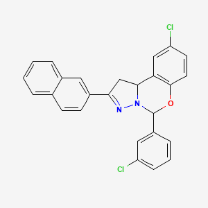 molecular formula C26H18Cl2N2O B11973592 9-Chloro-5-(3-chlorophenyl)-2-(naphthalen-2-yl)-5,10b-dihydro-1H-benzo[e]pyrazolo[1,5-c][1,3]oxazine CAS No. 303060-58-4