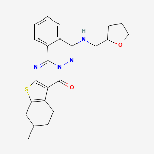 molecular formula C23H24N4O2S B11974019 7-Methyl-20-{[(oxolan-2-yl)methyl]amino}-10-thia-1,12,21-triazapentacyclo[11.8.0.0^{3,11}.0^{4,9}.0^{14,19}]henicosa-3(11),4(9),12,14(19),15,17,20-heptaen-2-one 