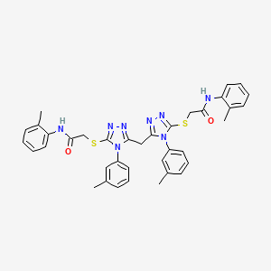 molecular formula C37H36N8O2S2 B11974792 N-(2-Methylphenyl)-2-({4-(3-methylphenyl)-5-[(4-(3-methylphenyl)-5-{[2-oxo-2-(2-toluidino)ethyl]sulfanyl}-4H-1,2,4-triazol-3-YL)methyl]-4H-1,2,4-triazol-3-YL}sulfanyl)acetamide 