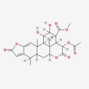 molecular formula C25H28O11 B1197493 10-乙酰氧基-3,4-二羟基-1,16-二甲基-11,19-二氧代-6,12,20-三氧杂六环[13.7.0.02,8.05,9.08,13.017,21]二十二-17,21-二烯-5-甲酸甲酯 CAS No. 82290-17-3