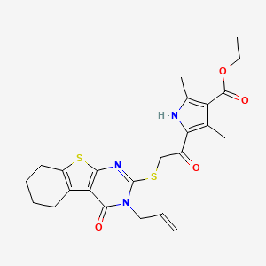 molecular formula C24H27N3O4S2 B11975107 ethyl 5-{[(3-allyl-4-oxo-3,4,5,6,7,8-hexahydro[1]benzothieno[2,3-d]pyrimidin-2-yl)thio]acetyl}-2,4-dimethyl-1H-pyrrole-3-carboxylate 