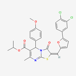molecular formula C29H24Cl2N2O5S B11975307 Isopropyl (2E)-2-{[5-(3,4-dichlorophenyl)-2-furyl]methylene}-5-(4-methoxyphenyl)-7-methyl-3-oxo-2,3-dihydro-5H-[1,3]thiazolo[3,2-A]pyrimidine-6-carboxylate 