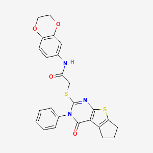 molecular formula C25H21N3O4S2 B11976053 N-(2,3-dihydro-1,4-benzodioxin-6-yl)-2-[(4-oxo-3-phenyl-3,5,6,7-tetrahydro-4H-cyclopenta[4,5]thieno[2,3-d]pyrimidin-2-yl)sulfanyl]acetamide 