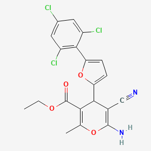 molecular formula C20H15Cl3N2O4 B11976254 ethyl 6-amino-5-cyano-2-methyl-4-[5-(2,4,6-trichlorophenyl)furan-2-yl]-4H-pyran-3-carboxylate 