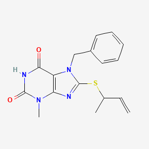 molecular formula C17H18N4O2S B11976293 7-benzyl-3-methyl-8-[(1-methyl-2-propenyl)thio]-3,7-dihydro-1H-purine-2,6-dione 