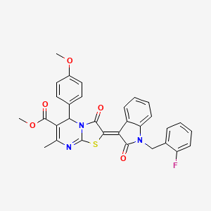 molecular formula C31H24FN3O5S B11976664 methyl (2Z)-2-[1-(2-fluorobenzyl)-2-oxo-1,2-dihydro-3H-indol-3-ylidene]-5-(4-methoxyphenyl)-7-methyl-3-oxo-2,3-dihydro-5H-[1,3]thiazolo[3,2-a]pyrimidine-6-carboxylate 