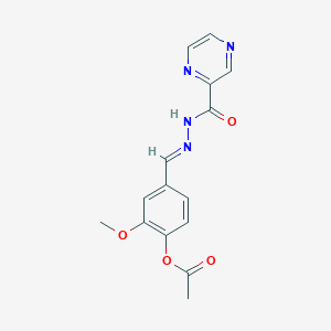 molecular formula C15H14N4O4 B11976675 2-methoxy-4-{(E)-[(2-pyrazinylcarbonyl)hydrazono]methyl}phenyl acetate 