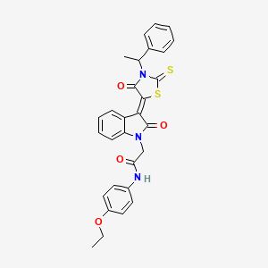 molecular formula C29H25N3O4S2 B11977659 N-(4-ethoxyphenyl)-2-{(3Z)-2-oxo-3-[4-oxo-3-(1-phenylethyl)-2-thioxo-1,3-thiazolidin-5-ylidene]-2,3-dihydro-1H-indol-1-yl}acetamide 