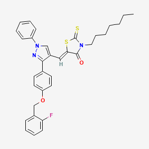 molecular formula C33H32FN3O2S2 B11977960 (5Z)-5-[(3-{4-[(2-fluorobenzyl)oxy]phenyl}-1-phenyl-1H-pyrazol-4-yl)methylene]-3-heptyl-2-thioxo-1,3-thiazolidin-4-one 