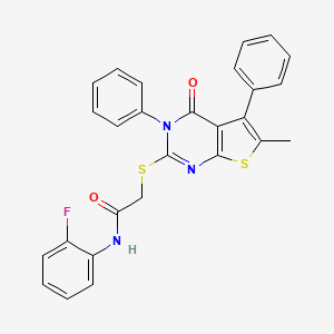 molecular formula C27H20FN3O2S2 B11978459 N-(2-fluorophenyl)-2-[(6-methyl-4-oxo-3,5-diphenyl-3,4-dihydrothieno[2,3-d]pyrimidin-2-yl)sulfanyl]acetamide 
