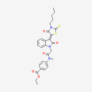 molecular formula C27H27N3O5S2 B11978475 ethyl 4-({[(3Z)-2-oxo-3-(4-oxo-3-pentyl-2-thioxo-1,3-thiazolidin-5-ylidene)-2,3-dihydro-1H-indol-1-yl]acetyl}amino)benzoate 