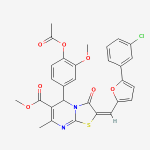 molecular formula C29H23ClN2O7S B11978563 methyl (2E)-5-[4-(acetyloxy)-3-methoxyphenyl]-2-{[5-(3-chlorophenyl)furan-2-yl]methylidene}-7-methyl-3-oxo-2,3-dihydro-5H-[1,3]thiazolo[3,2-a]pyrimidine-6-carboxylate 