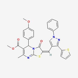 molecular formula C30H24N4O4S2 B11979945 methyl (2E)-5-(4-methoxyphenyl)-7-methyl-3-oxo-2-{[1-phenyl-3-(2-thienyl)-1H-pyrazol-4-yl]methylene}-2,3-dihydro-5H-[1,3]thiazolo[3,2-a]pyrimidine-6-carboxylate 