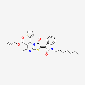 molecular formula C30H31N3O4S2 B11980094 Allyl (2Z)-2-(1-heptyl-2-oxo-1,2-dihydro-3H-indol-3-ylidene)-7-methyl-3-oxo-5-(2-thienyl)-2,3-dihydro-5H-[1,3]thiazolo[3,2-A]pyrimidine-6-carboxylate 