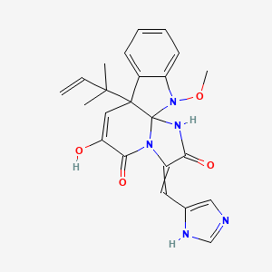 molecular formula C23H23N5O4 B1198047 11-hydroxy-14-(1H-imidazol-5-ylmethylidene)-2-methoxy-9-(2-methylbut-3-en-2-yl)-2,13,16-triazatetracyclo[7.7.0.01,13.03,8]hexadeca-3,5,7,10-tetraene-12,15-dione 