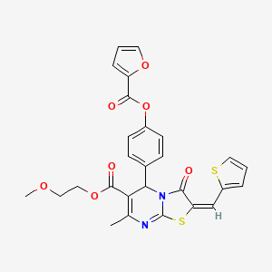 molecular formula C27H22N2O7S2 B11980503 2-methoxyethyl (2E)-5-{4-[(furan-2-ylcarbonyl)oxy]phenyl}-7-methyl-3-oxo-2-(thiophen-2-ylmethylidene)-2,3-dihydro-5H-[1,3]thiazolo[3,2-a]pyrimidine-6-carboxylate 