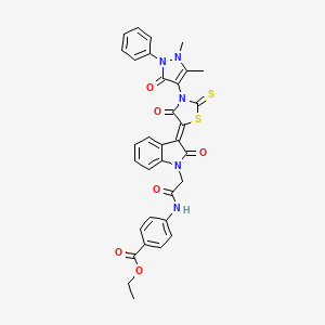 molecular formula C33H27N5O6S2 B11981327 ethyl 4-[({(3Z)-3-[3-(1,5-dimethyl-3-oxo-2-phenyl-2,3-dihydro-1H-pyrazol-4-yl)-4-oxo-2-thioxo-1,3-thiazolidin-5-ylidene]-2-oxo-2,3-dihydro-1H-indol-1-yl}acetyl)amino]benzoate 