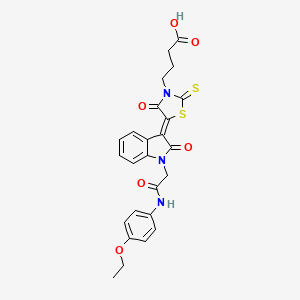 molecular formula C25H23N3O6S2 B11981413 4-((5Z)-5-{1-[2-(4-Ethoxyanilino)-2-oxoethyl]-2-oxo-1,2-dihydro-3H-indol-3-ylidene}-4-oxo-2-thioxo-1,3-thiazolidin-3-YL)butanoic acid 