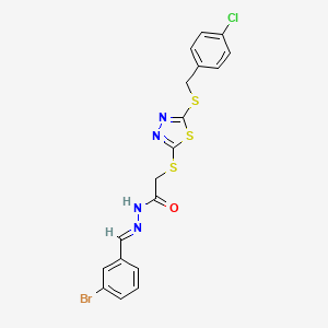 molecular formula C18H14BrClN4OS3 B11981822 N'-[(E)-(3-bromophenyl)methylidene]-2-({5-[(4-chlorobenzyl)sulfanyl]-1,3,4-thiadiazol-2-yl}sulfanyl)acetohydrazide 