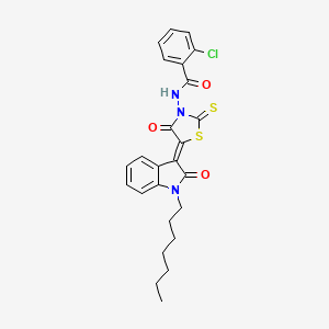 molecular formula C25H24ClN3O3S2 B11981924 2-chloro-N-[(5Z)-5-(1-heptyl-2-oxo-1,2-dihydro-3H-indol-3-ylidene)-4-oxo-2-thioxo-1,3-thiazolidin-3-yl]benzamide 
