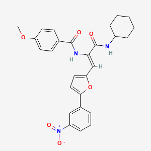 molecular formula C27H27N3O6 B11982474 N-{(1Z)-3-(cyclohexylamino)-1-[5-(3-nitrophenyl)furan-2-yl]-3-oxoprop-1-en-2-yl}-4-methoxybenzamide 
