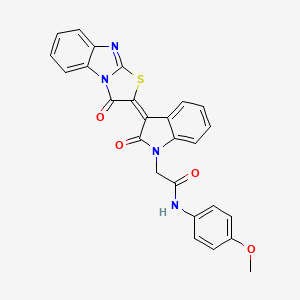 molecular formula C26H18N4O4S B11982675 N-(4-methoxyphenyl)-2-[(3E)-2-oxo-3-(3-oxo[1,3]thiazolo[3,2-a]benzimidazol-2(3H)-ylidene)-2,3-dihydro-1H-indol-1-yl]acetamide 