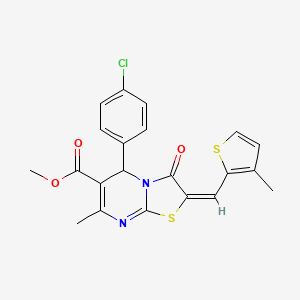 molecular formula C21H17ClN2O3S2 B11983782 Methyl (2E)-5-(4-chlorophenyl)-7-methyl-2-[(3-methyl-2-thienyl)methylene]-3-oxo-2,3-dihydro-5H-[1,3]thiazolo[3,2-A]pyrimidine-6-carboxylate 