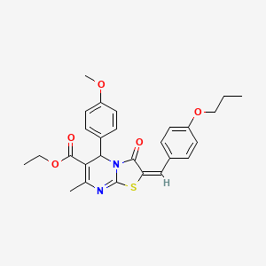 molecular formula C27H28N2O5S B11984428 ethyl (2E)-5-(4-methoxyphenyl)-7-methyl-3-oxo-2-(4-propoxybenzylidene)-2,3-dihydro-5H-[1,3]thiazolo[3,2-a]pyrimidine-6-carboxylate 