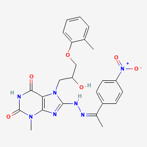 molecular formula C24H25N7O6 B11984906 7-[2-Hydroxy-3-(2-methylphenoxy)propyl]-3-methyl-8-{(2Z)-2-[1-(4-nitrophenyl)ethylidene]hydrazino}-3,7-dihydro-1H-purine-2,6-dione 