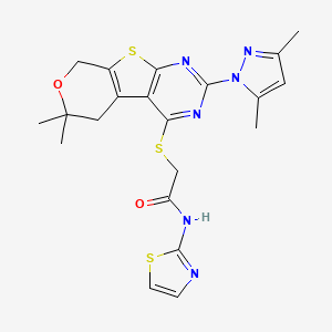 molecular formula C21H22N6O2S3 B1198580 2-[[2-(3,5-dimethyl-1-pyrazolyl)-6,6-dimethyl-5,8-dihydropyrano[2,3]thieno[2,4-b]pyrimidin-4-yl]thio]-N-(2-thiazolyl)acetamide 
