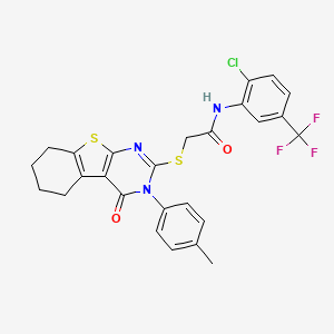 molecular formula C26H21ClF3N3O2S2 B11986818 N-[2-chloro-5-(trifluoromethyl)phenyl]-2-{[3-(4-methylphenyl)-4-oxo-3,4,5,6,7,8-hexahydro[1]benzothieno[2,3-d]pyrimidin-2-yl]sulfanyl}acetamide 