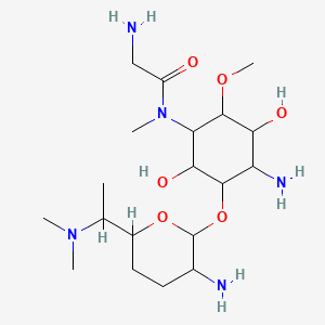 molecular formula C19H39N5O6 B1198692 2-amino-N-[4-amino-3-[3-amino-6-[1-(dimethylamino)ethyl]oxan-2-yl]oxy-2,5-dihydroxy-6-methoxycyclohexyl]-N-methylacetamide CAS No. 71657-35-7